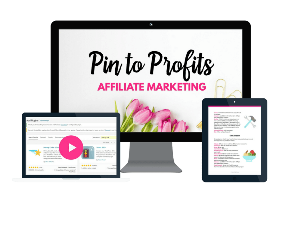 Graphic of pins to profits text on computer, smartphone and ipod